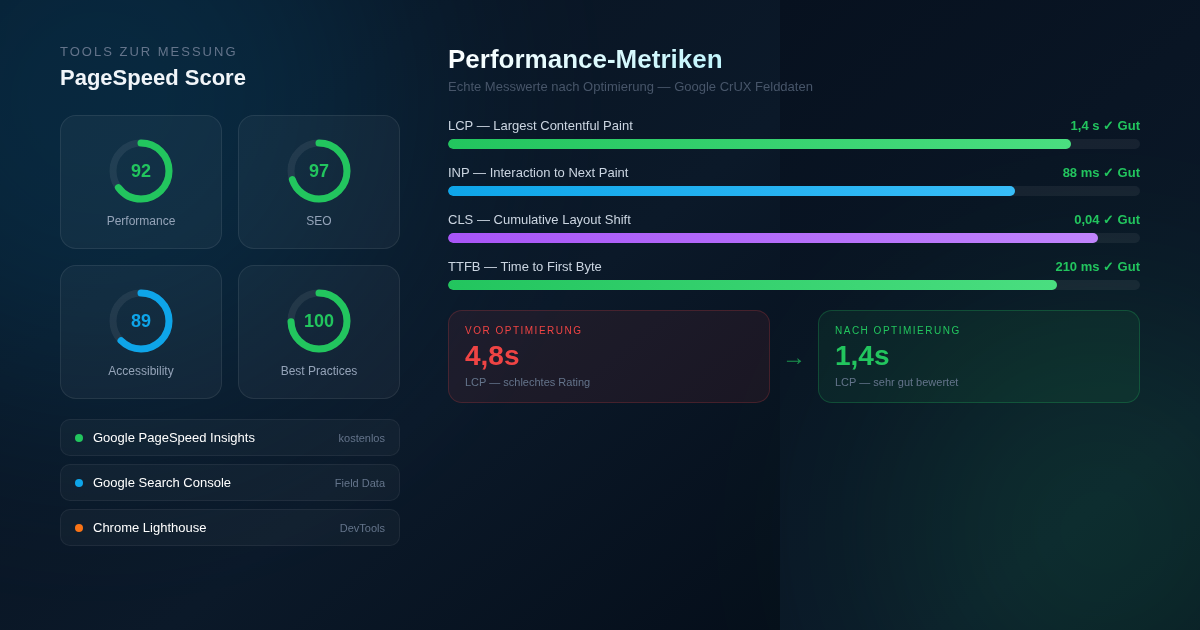 PageSpeed Insights Dashboard mit Core Web Vitals Scores und Performance-Metriken